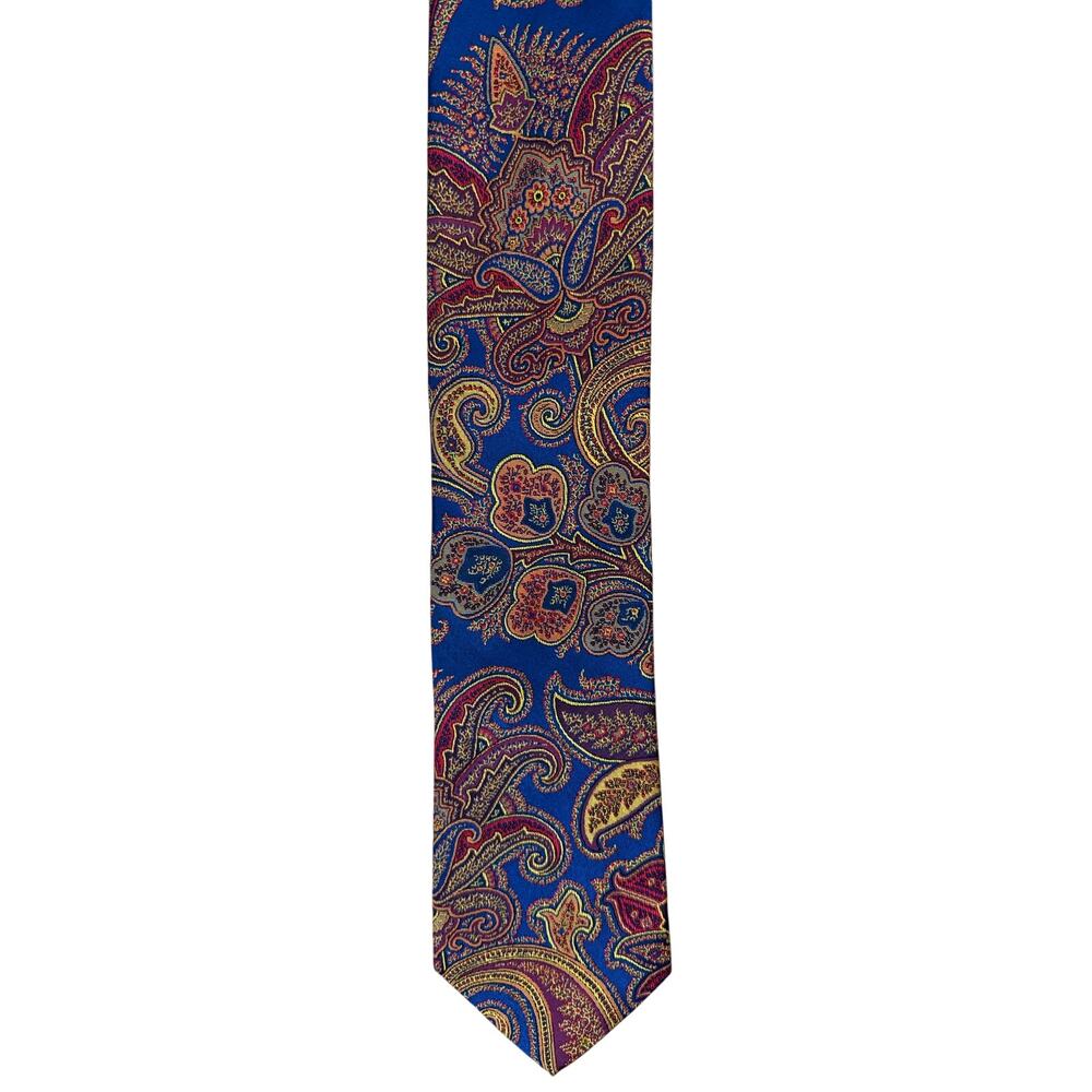 Vintage 90s Dion Signature Silk Paisley Tie Blue Red Gold Italian 60.5 x 3.25